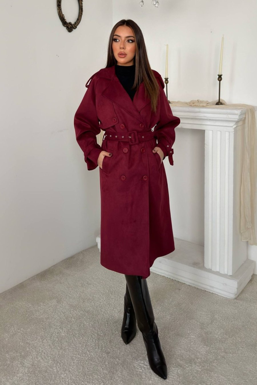 Bordo Reglan Kollu Süet Trençkot - Yeni Sezon