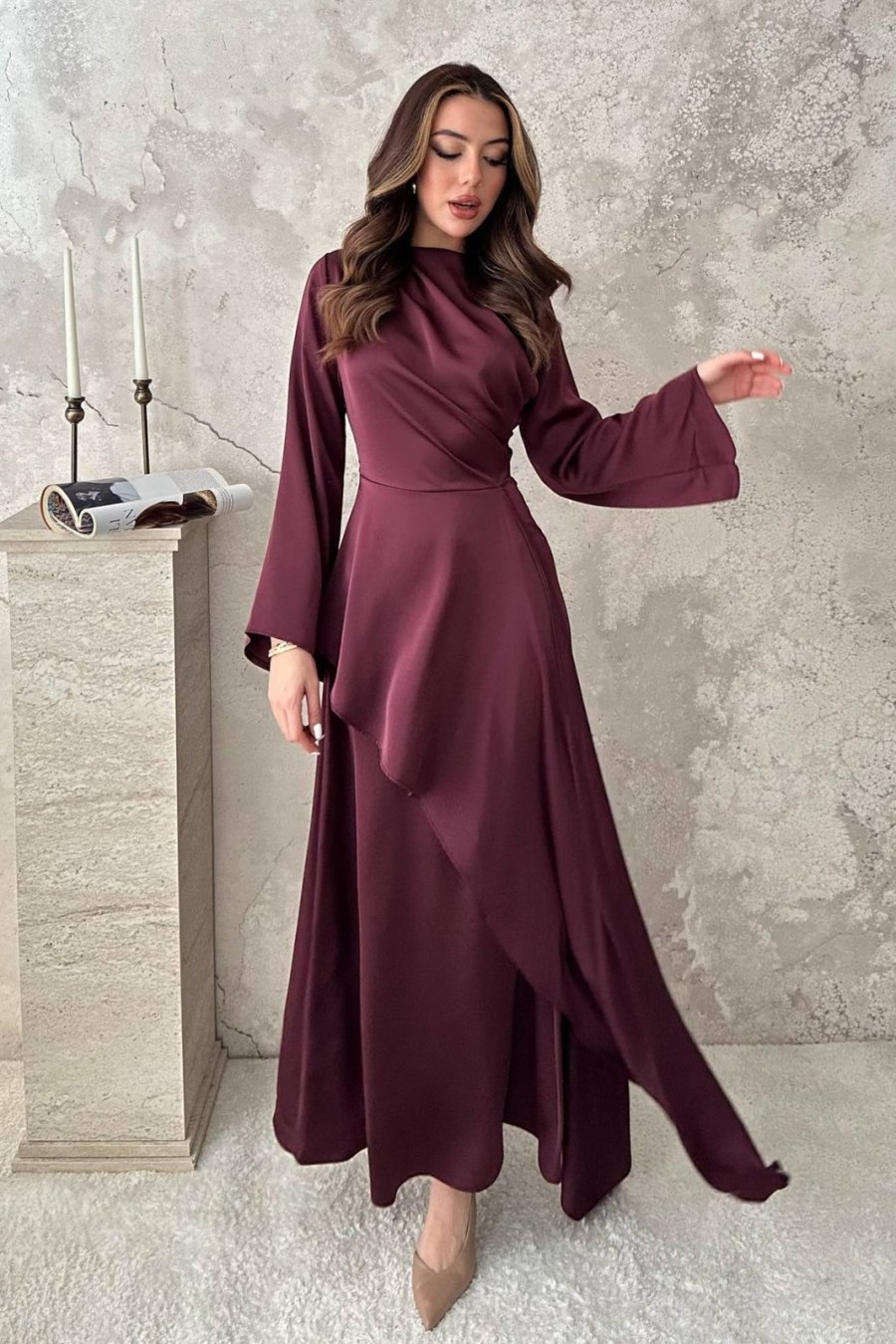 Bordo Yandan Bağlamalı Saten Elbise - Yeni Sezon