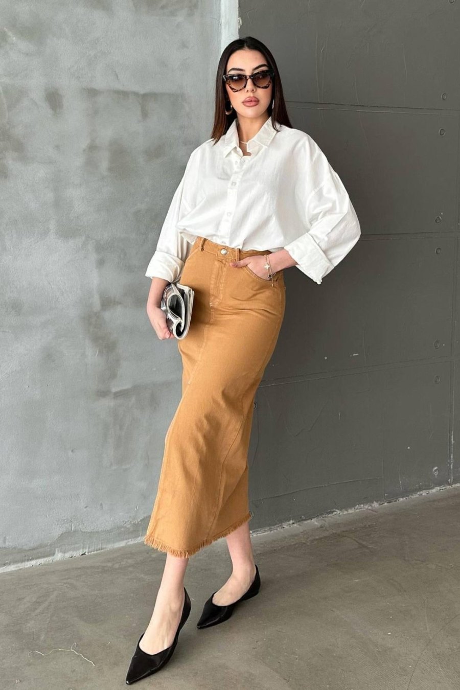 Camel Gabardin Boyamalı Püsküllü Etek - Yeni Sezon