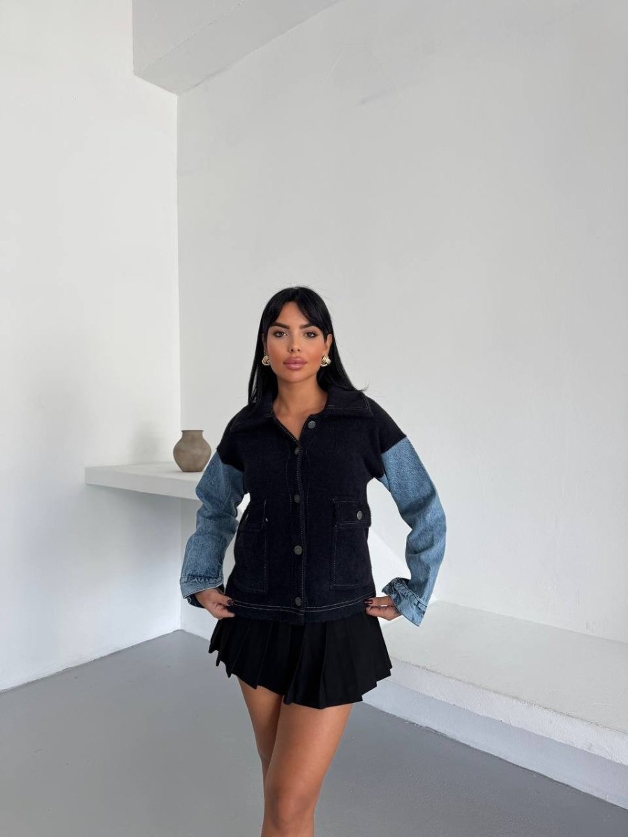 Denim Kol Detaylı Kontrast Ceket – Güçlü Stil, Net Duruş - Siyah