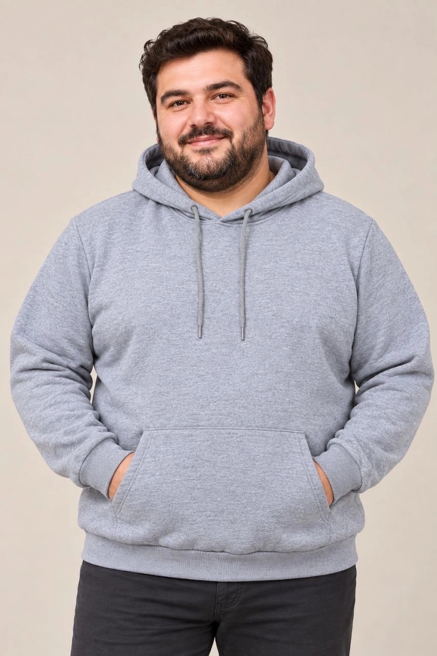 Erkek Battal Büyük Beden Üç İplik İçi Şardonlu Kapüşonlu Kanguru Cepli Kışlık Sweatshirt - Gri