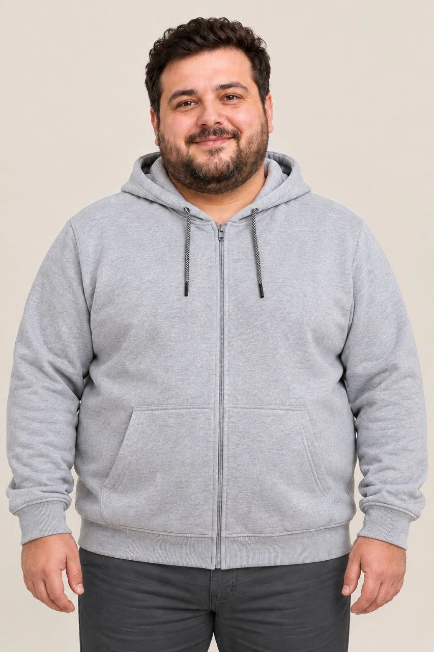Erkek Battal Büyük Beden Üç İplik İçi Şardonlu Kapüşonlu Tam Fermuarlı Kışlık Sweatshirt - Gri
