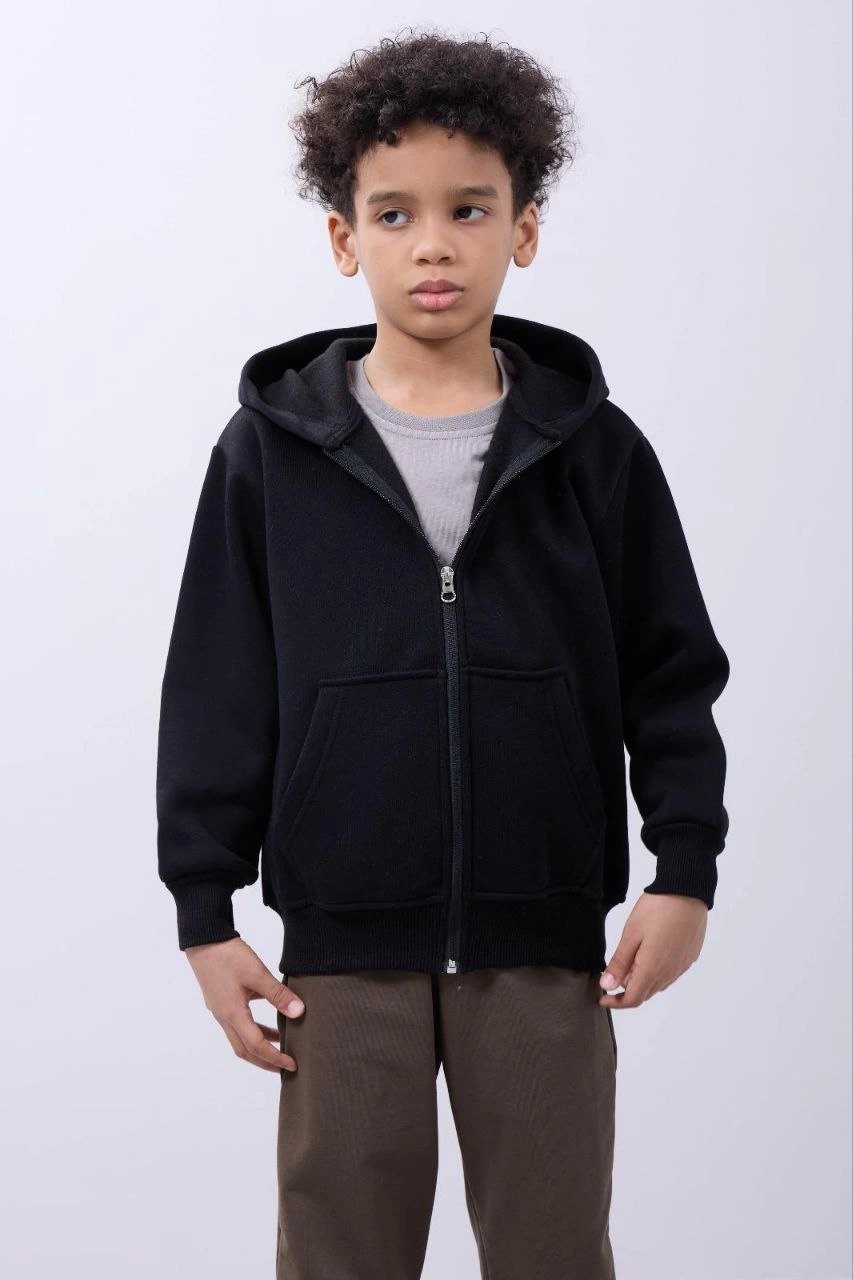 Erkek Çocuk Kapüşonlu Kanguru Çepli Tam Fermuarlı Hırka SweatShirt - Siyah