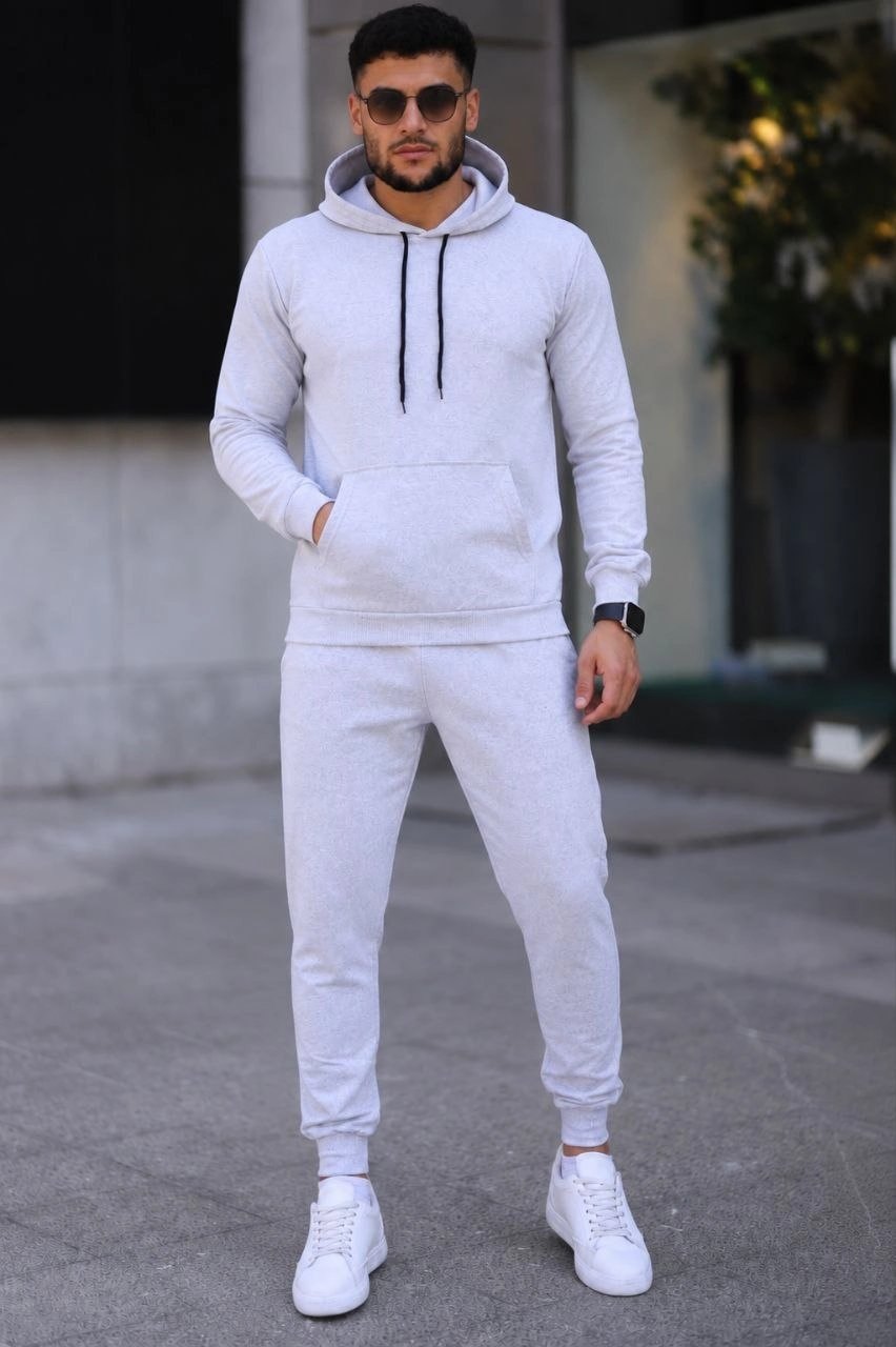 Erkek İki İplik Kapüşonlu Kanguru Cepli Sweatshirt Jogger Pantolon Alt Üst Eşofman Takımı - Gri