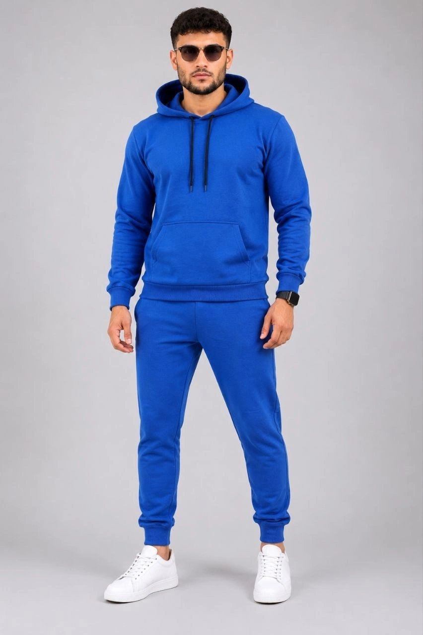 Erkek İki İplik Kapüşonlu Kanguru Cepli Sweatshirt Jogger Pantolon Alt Üst Eşofman Takımı -Saks