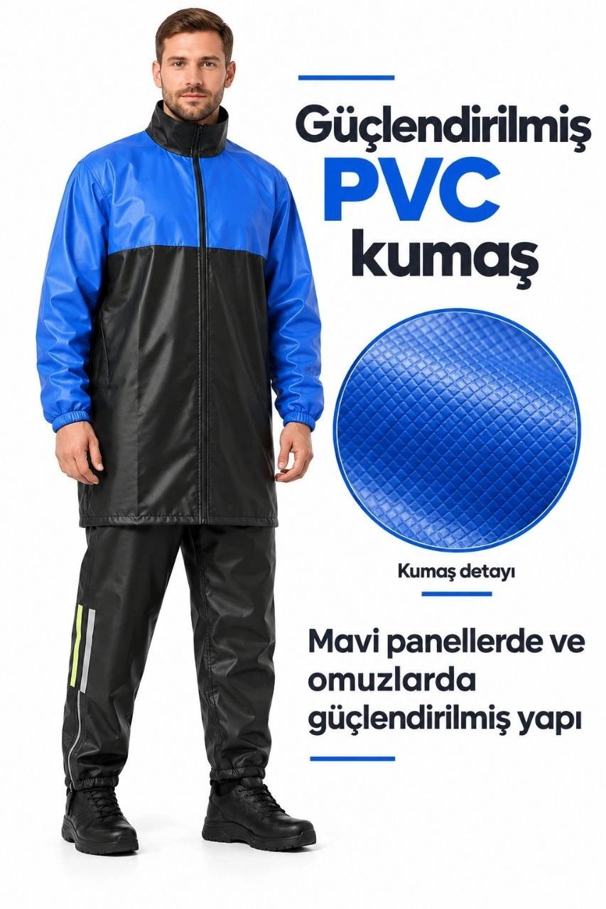 Erkek Mavi Siyah Su Geçirmez Reflektörlü Motorcu Yağmurluk Takımı Uzun Ceket Fermuarlı Paça