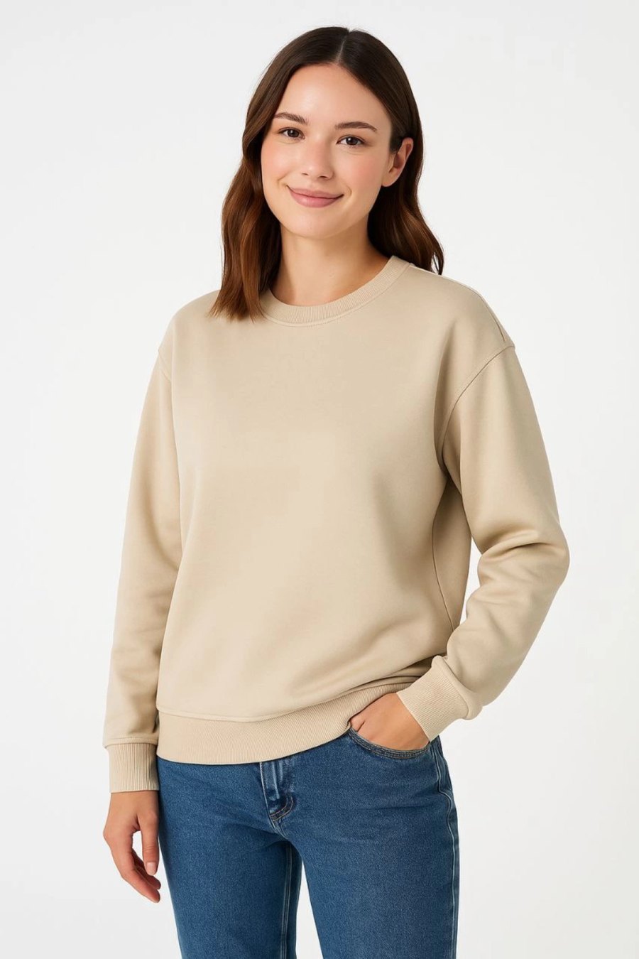 Kadın 3 İplik Pamuklu Düz Bisiklet Yaka SweatShirt - Bej
