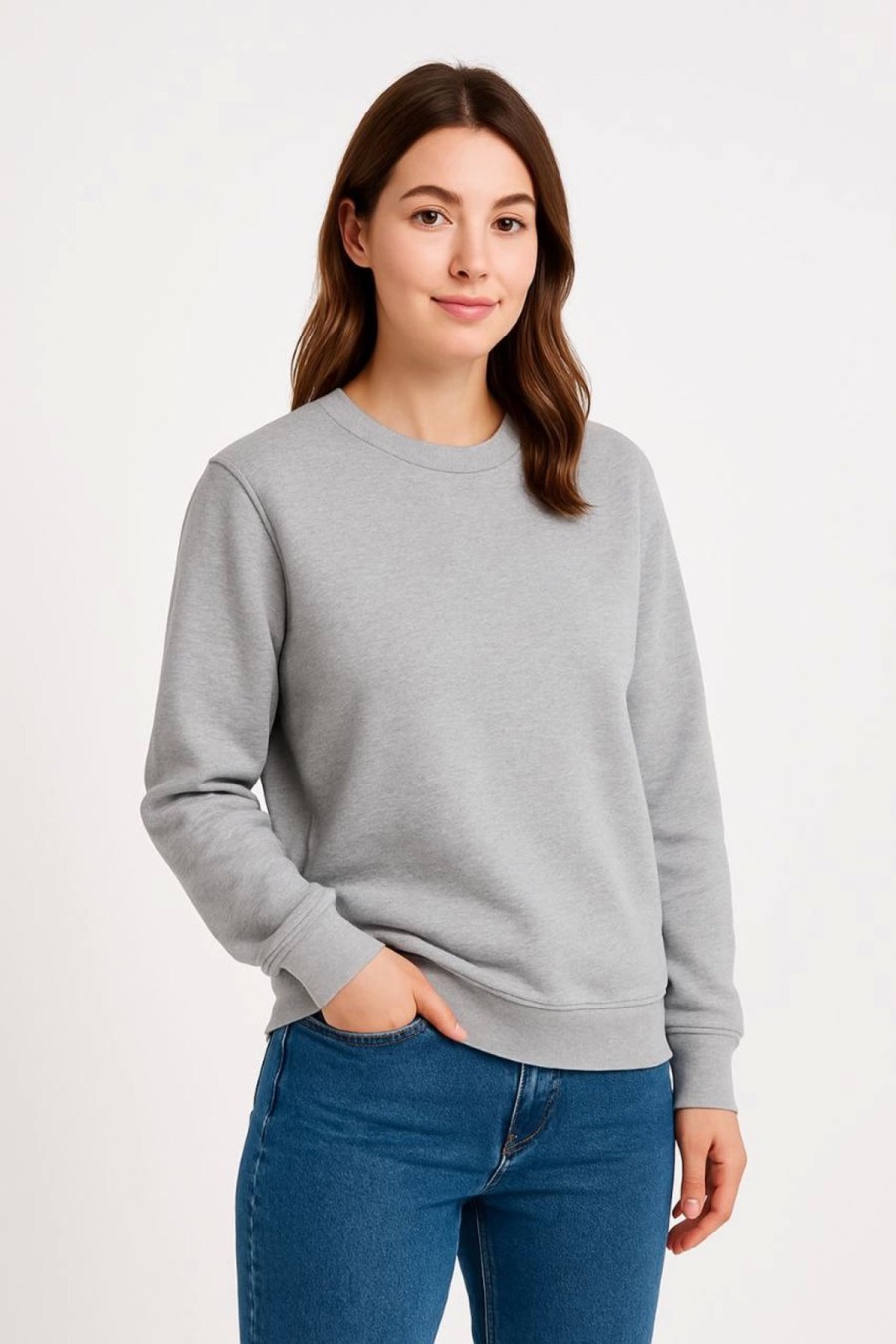 Kadın 3 İplik Pamuklu Düz Bisiklet Yaka SweatShirt - Gri