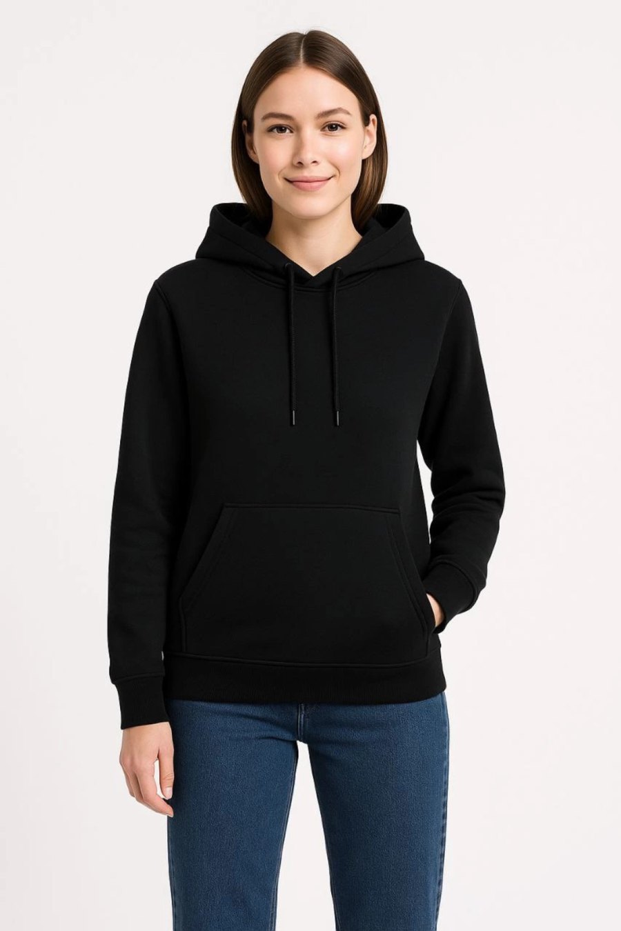 Kadın 3 İplik Pamuklu Kapüşonlu Kanguru Cepli Sweatshirt hoodie - Siyah