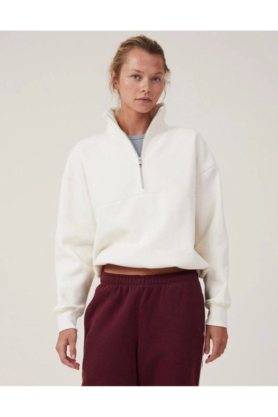 Kadın 3 İplik Pamuklu Oversize Yarım Fermuarlı Yakalı Basic Sweatshirt - Beyaz
