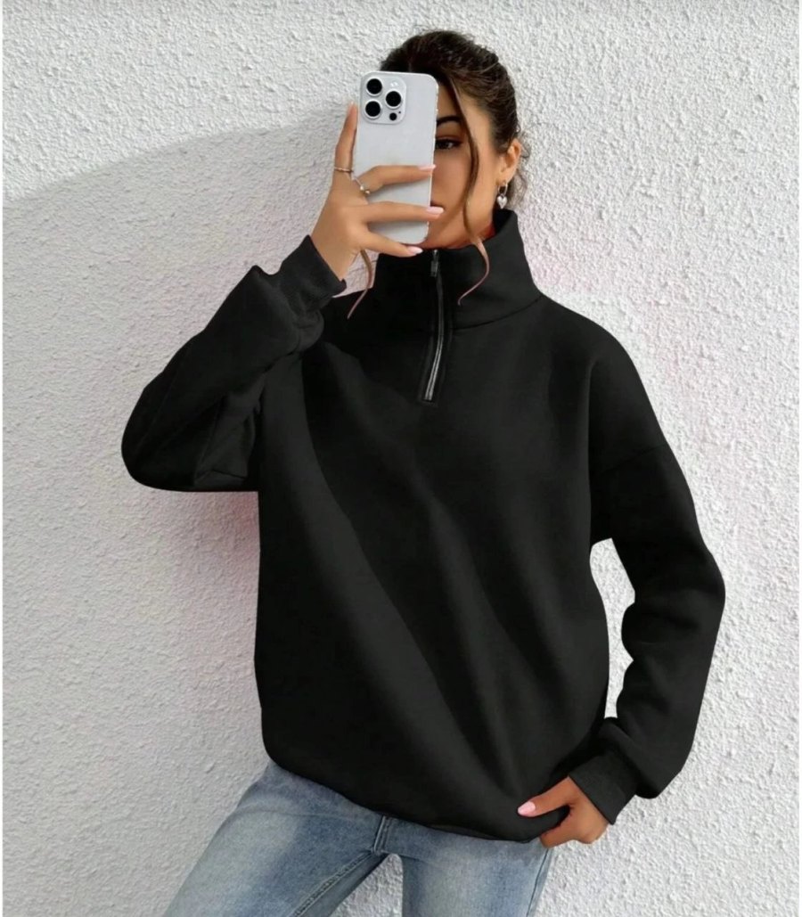 Kadın 3 iplik Pamuklu Uzun Kol Yarım Farmuarlı Yakalı SweatShirt - Siyah