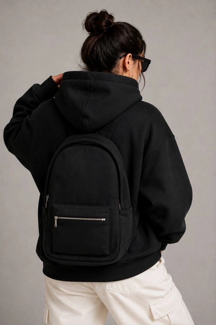Kadın 3 İplik Şardonlu Tam Fermuarlı Kapüşonlu Arka Çanta Detaylı Sweatshirt - Siyah