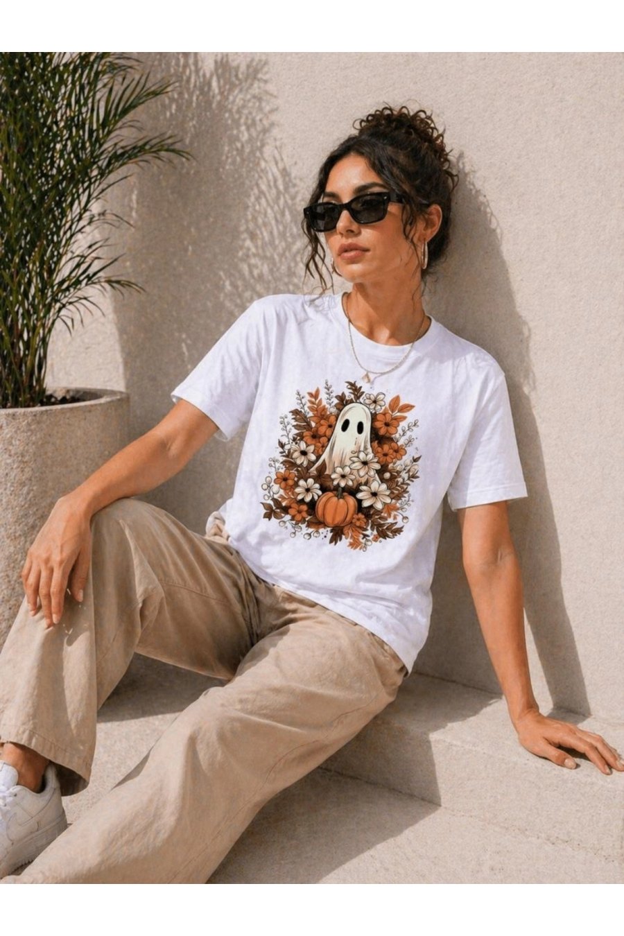 Kadın Balkabağı Hayalet Baskılı Tişört Kısa Kol Yazlık T-Shirt - Beyaz