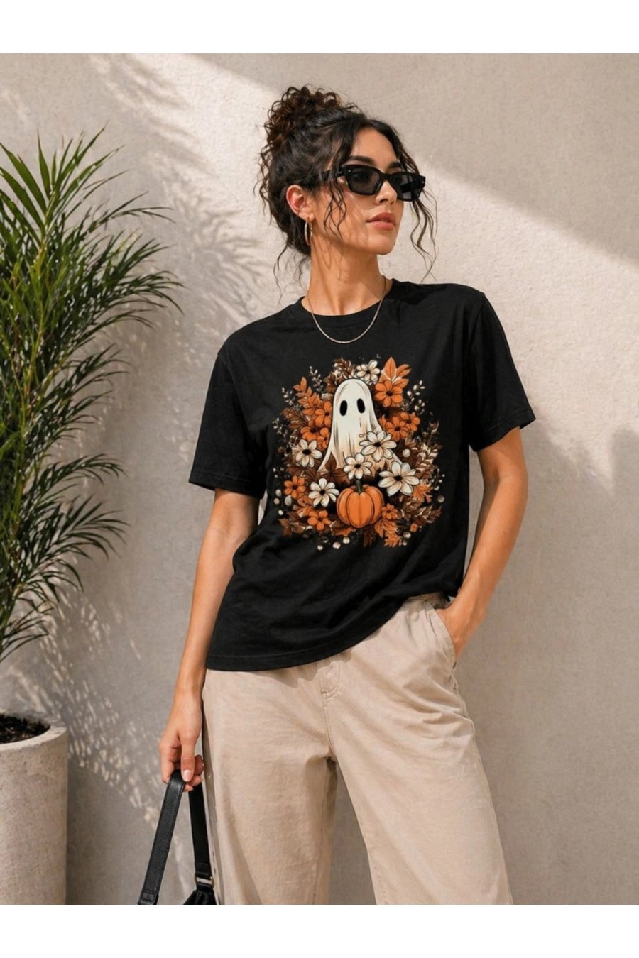 Kadın Balkabağı Hayalet Baskılı Tişört Kısa Kol Yazlık T-Shirt - Siyah