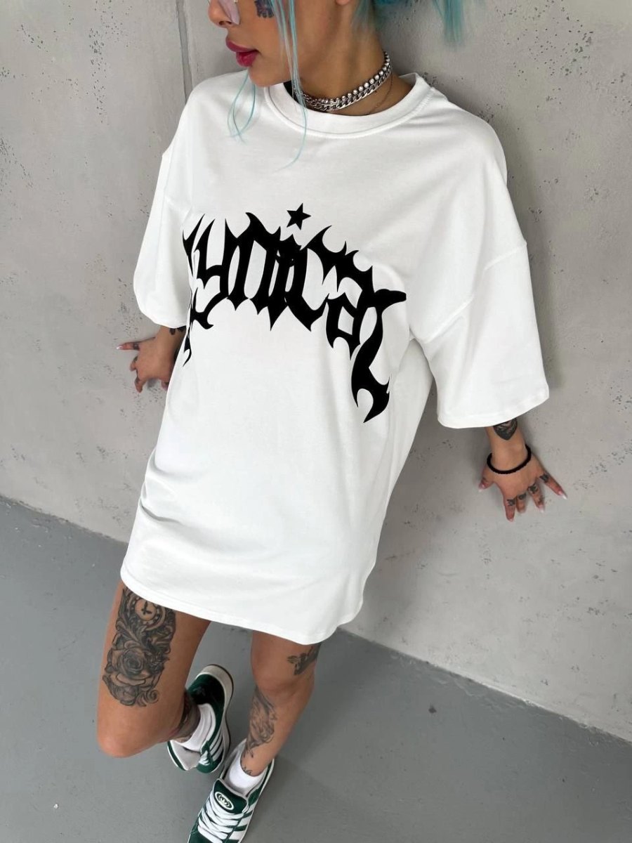 Kadın Baskıkı Bisiklet Yaka T-Shirt - Beyaz