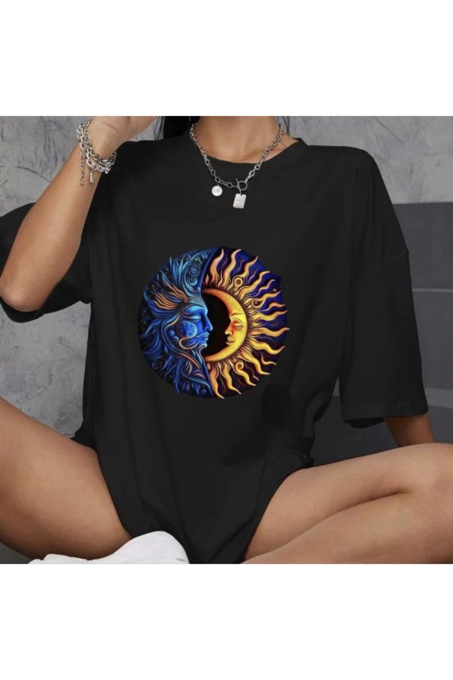 Kadın Baskılı T-Shirt Kısa Kol Bisiklet Yaka Oversize Rahat Kalıp Günlük Tişört - Siyah