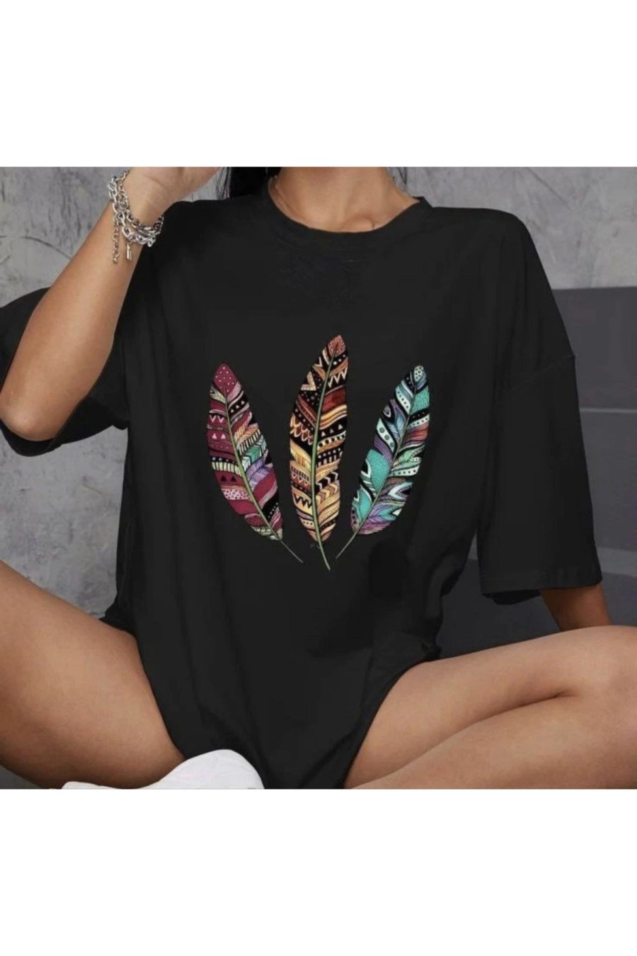 Kadın Baskılı T-Shirt Kısa Kol Bisiklet Yaka Oversize Rahat Kalıp Günlük Tişört - Siyah