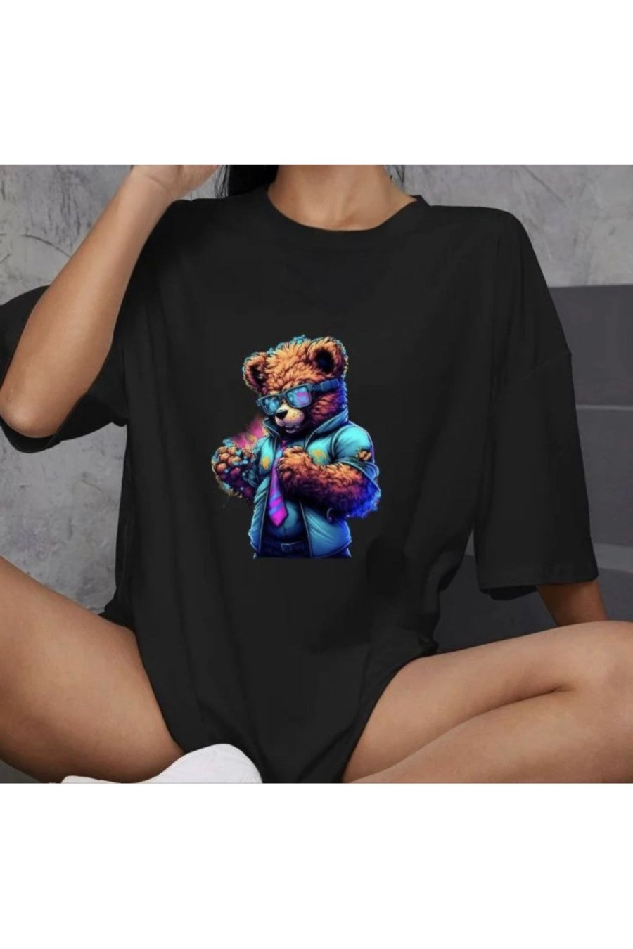 Kadın Baskılı T-Shirt Kısa Kol Bisiklet Yaka Oversize Rahat Kalıp Günlük Tişört - Siyah