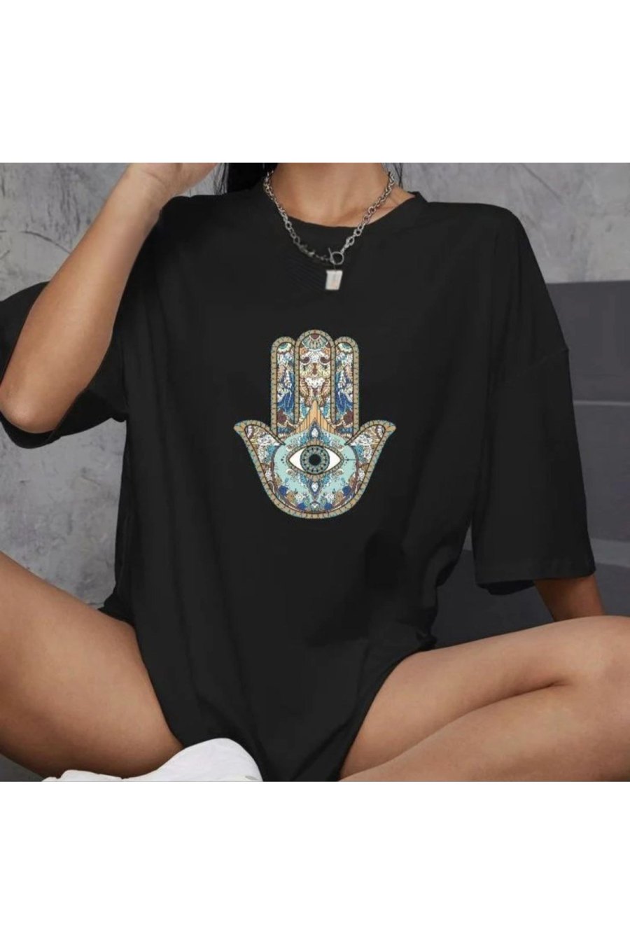 Kadın Baskılı T-Shirt Kısa Kol Bisiklet Yaka Oversize Rahat Kalıp Günlük Tişört - Siyah
