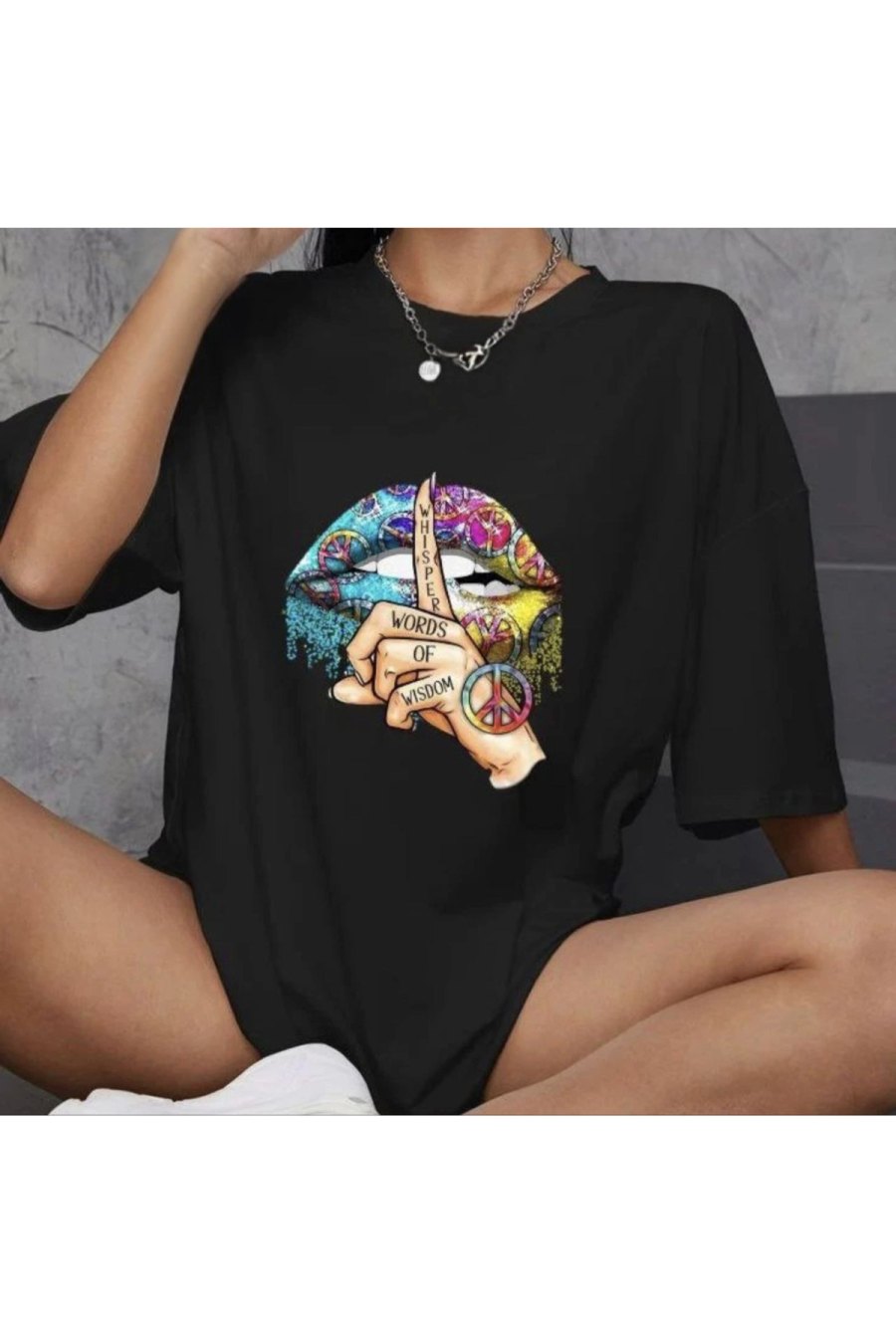Kadın Baskılı T-Shirt Kısa Kol Bisiklet Yaka Oversize Rahat Kalıp Günlük Tişört - Siyah