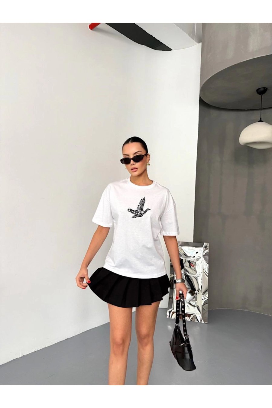 KADIN Baskılı T-Shirt Kısa Kol Bisiklet Yaka Regular Fit Yazlık Tişört - Beyaz