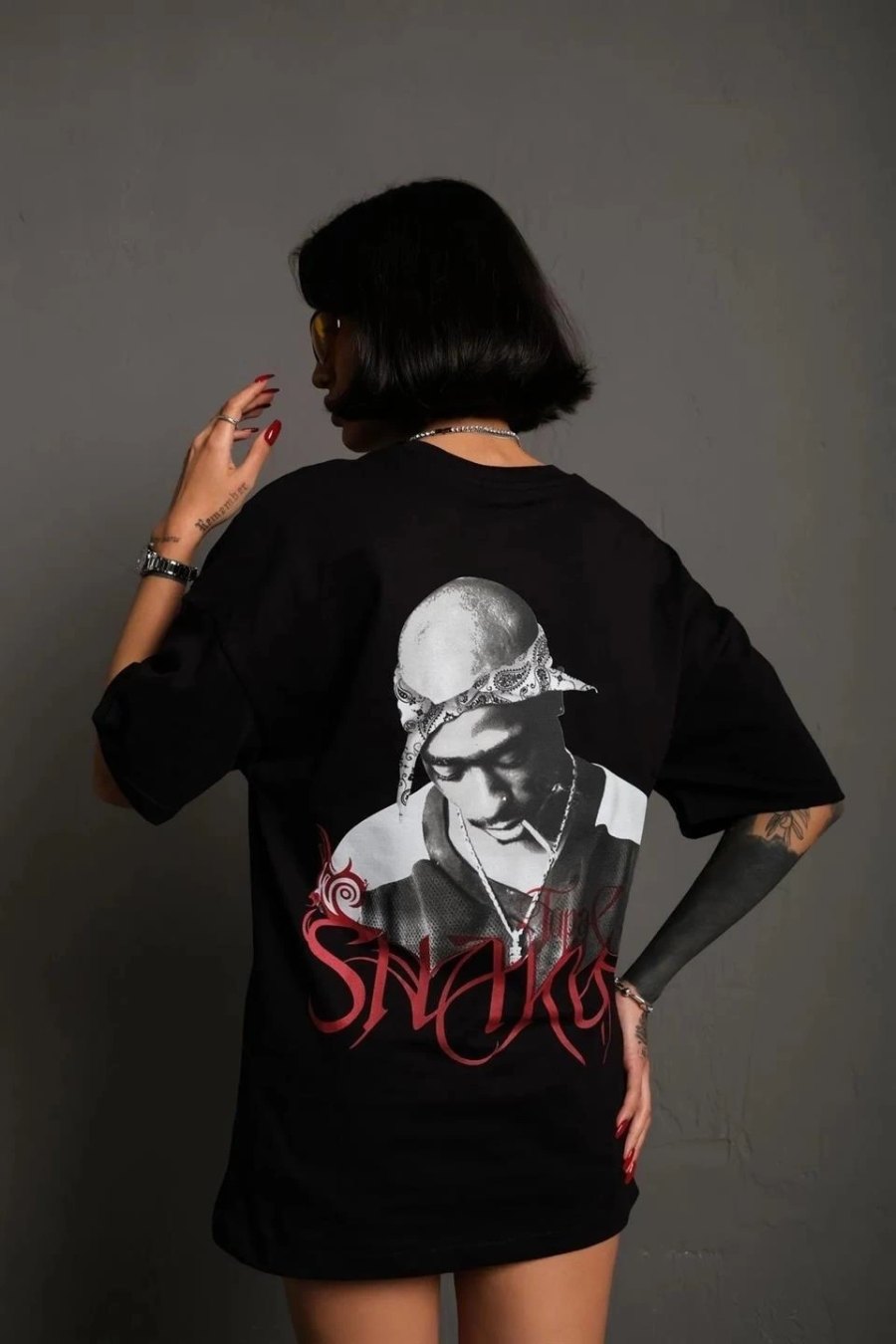 Kadın Baskılı T-Shirt Oversize Kısa kol Bisiklet yaka tişort- Siyah
