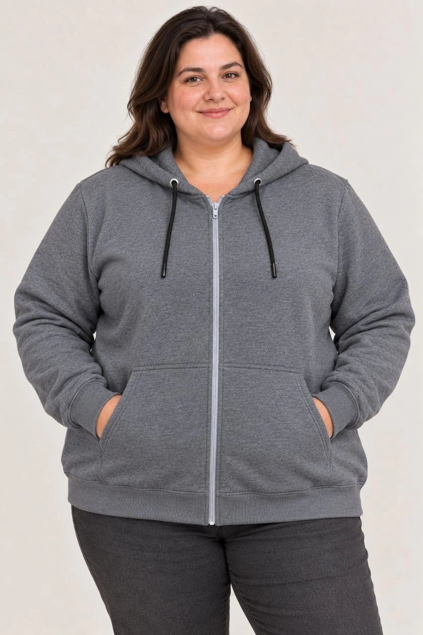 Kadın Battal Büyük Beden Üç İplik İçi Şardonlu Kapüşonlu Tam Fermuarlı Kışlık Sweatshirt - Füme