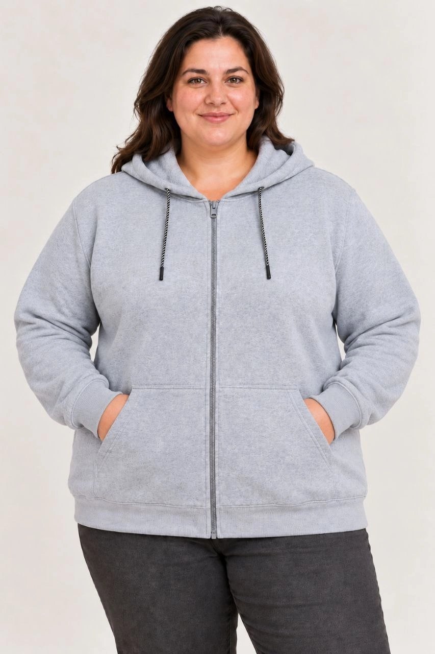 Kadın Battal Büyük Beden Üç İplik İçi Şardonlu Kapüşonlu Tam Fermuarlı Kışlık Sweatshirt - Gri