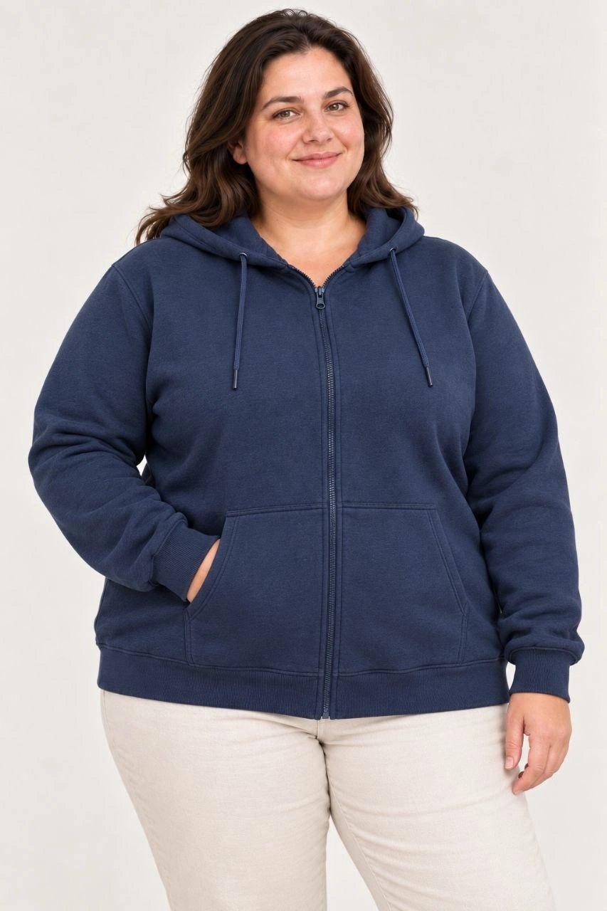 Kadın Battal Büyük Beden Üç İplik İçi Şardonlu Kapüşonlu Tam Fermuarlı Kışlık Sweatshirt - Lacivert