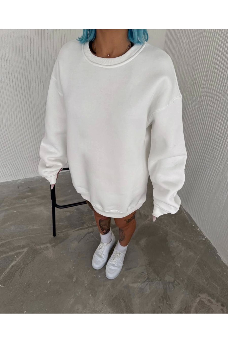 Kadın Bisiklet Yaka 3 İplik Pamuklu Basic SweatShirt - Beyaz