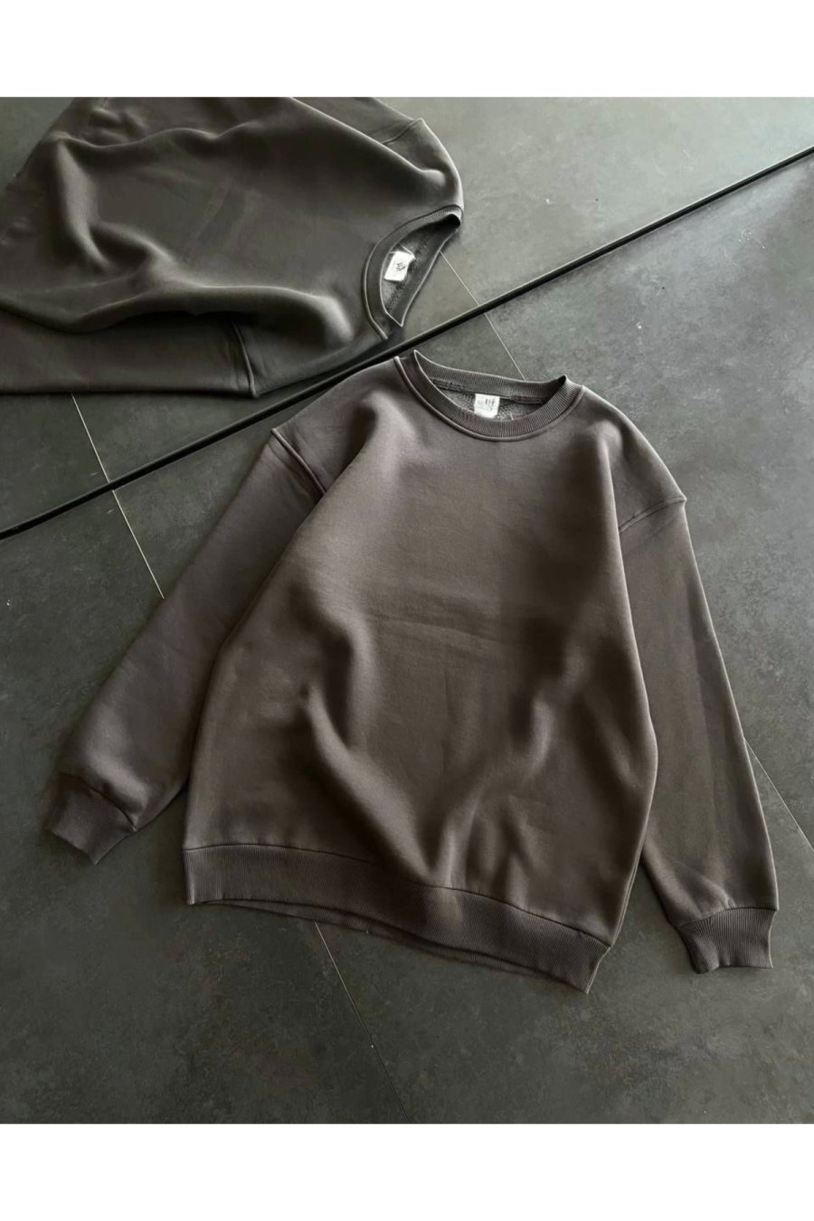 Kadın Bisiklet Yaka 3 İplik Pamuklu Basic SweatShirt - Füme