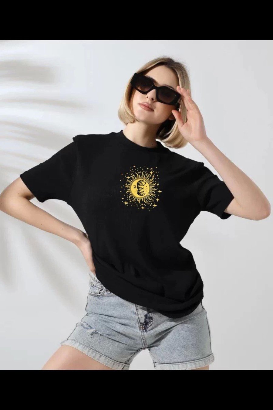 Kadın Bisiklet Yaka Baskılı Kısa kol T-Shirt - Siyah