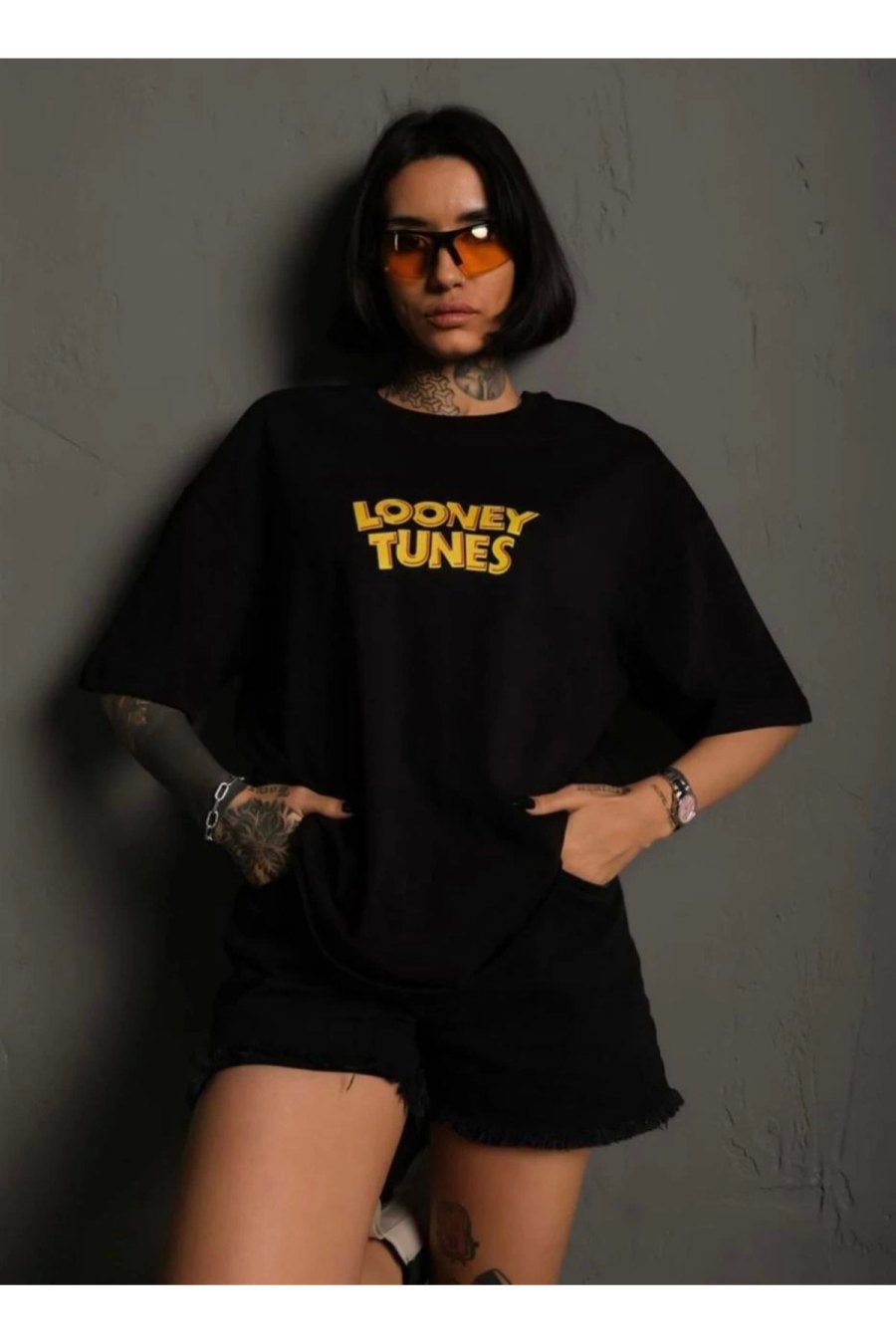 kadın Bisiklet Yaka Baskılı Oversize Kısa kol T-Shirt - Siyah