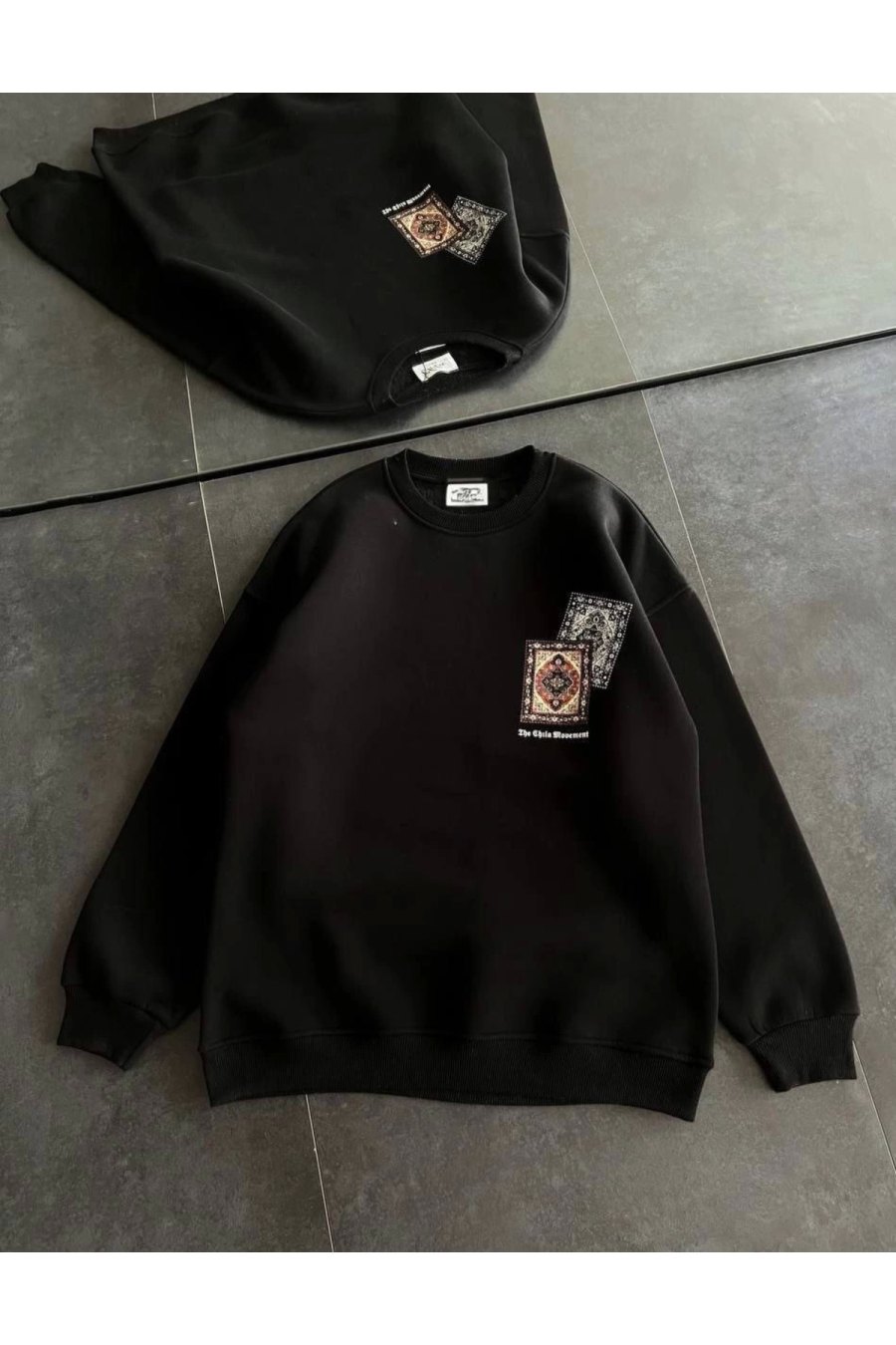 Kadın Bisiklet Yaka Kilim Halı Baskılı 3 İplik Pamuklu Sweatshirt - Siyah