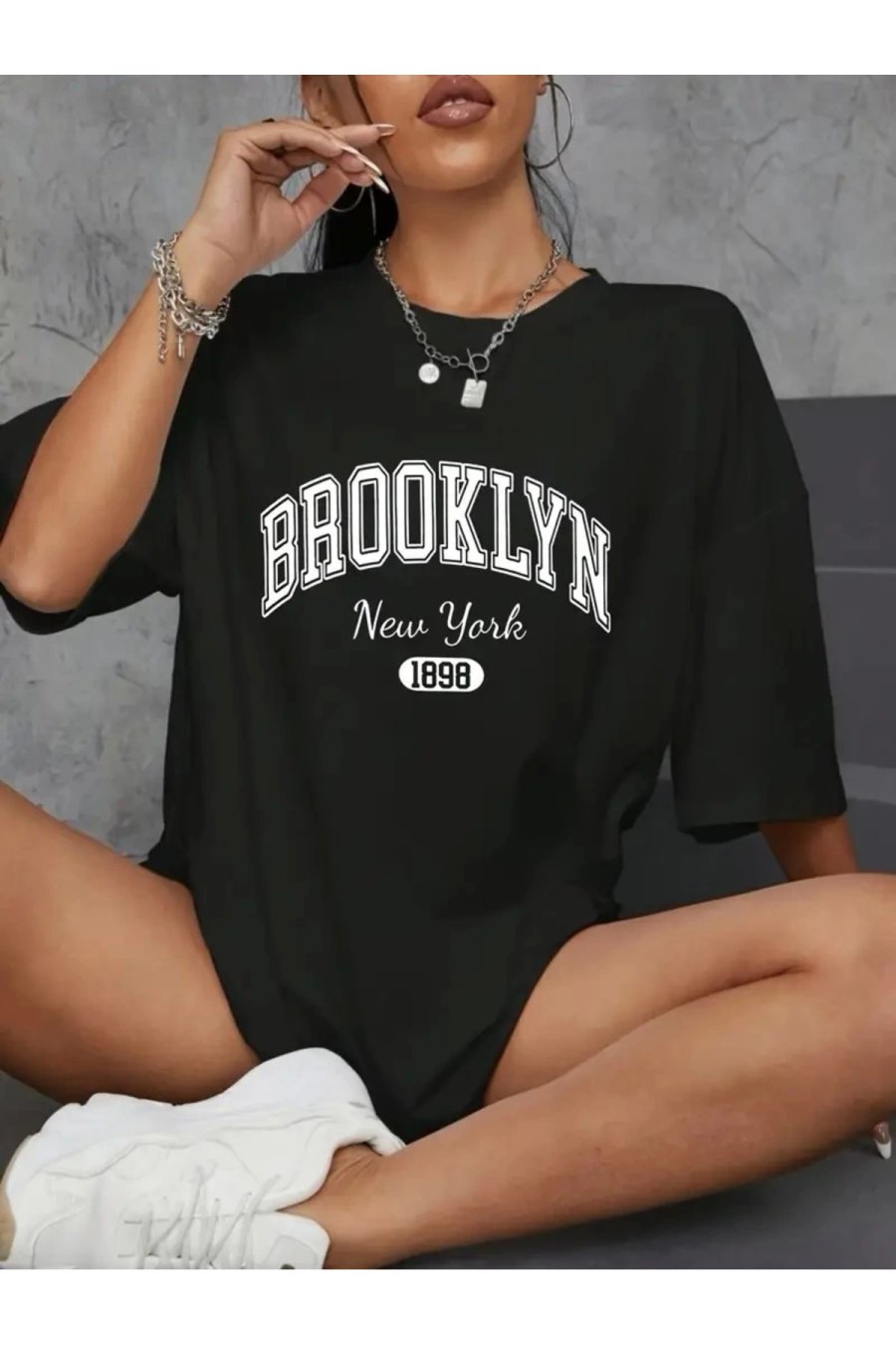 Kadın Brooklyn Baskılı Tişört Kısa Kol Bisiklet Yaka Oversize T-Shirt - Siyah