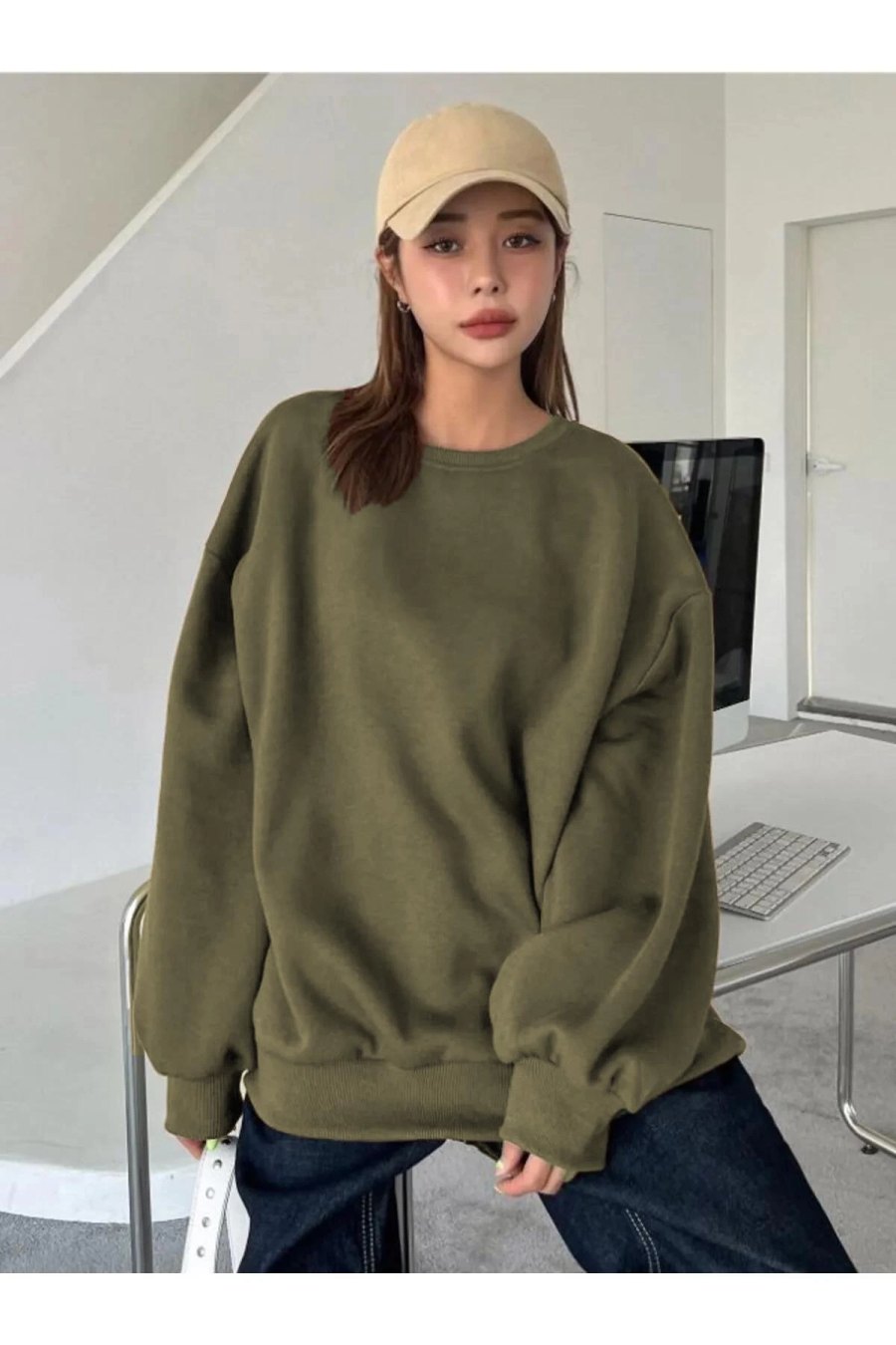 Kadın Düz Bisiklet Yaka 3 iplik Sweatshirt - Yeşil