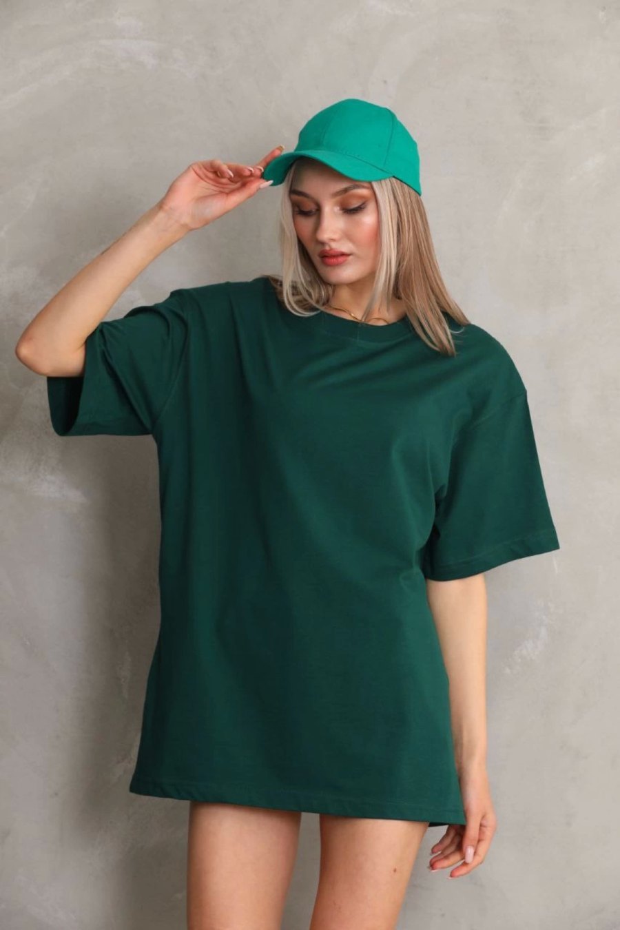 Kadın Düz Kısa kol Penye T-shirt- Yeşil