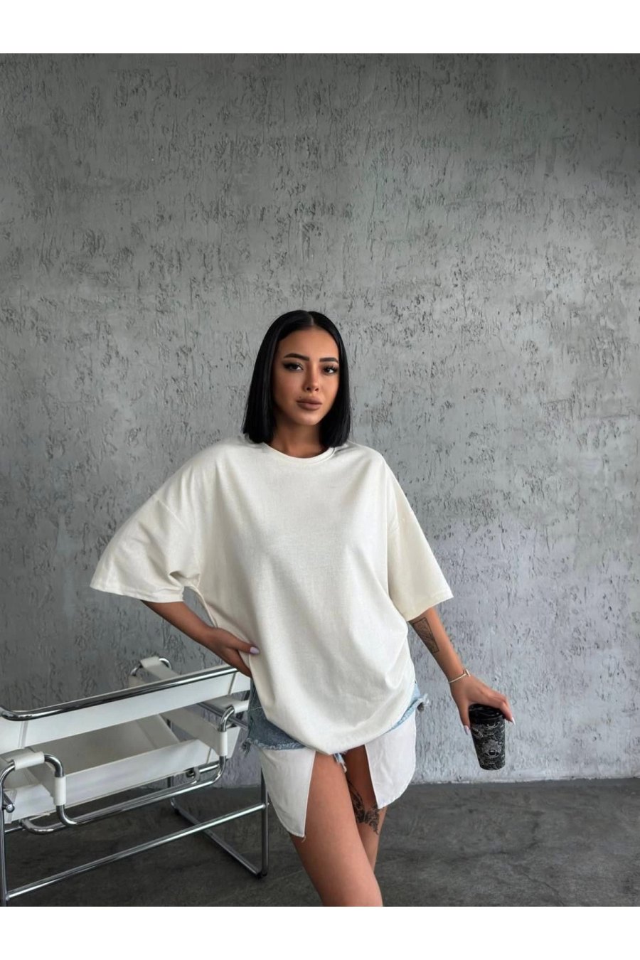 Kadın Düz T-Shirt Kısa Kol Bisiklet Yaka Oversize Rahat Kalıp Günlük Tişört - Beyaz