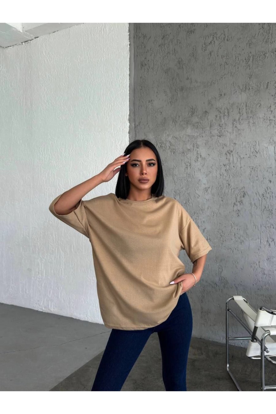 Kadın Düz T-Shirt Kısa Kol Bisiklet Yaka Oversize Rahat Kalıp Günlük Tişört - Bej