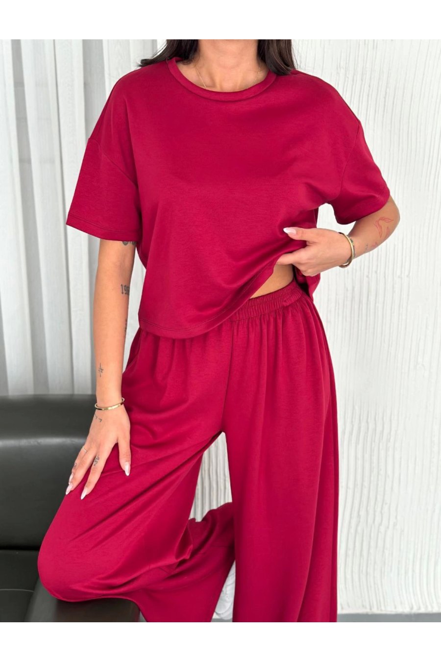 Kadın Osy Modal Bisiklet Yaka Tişört Bol Paça Pantolon İkili Takım - Bordo