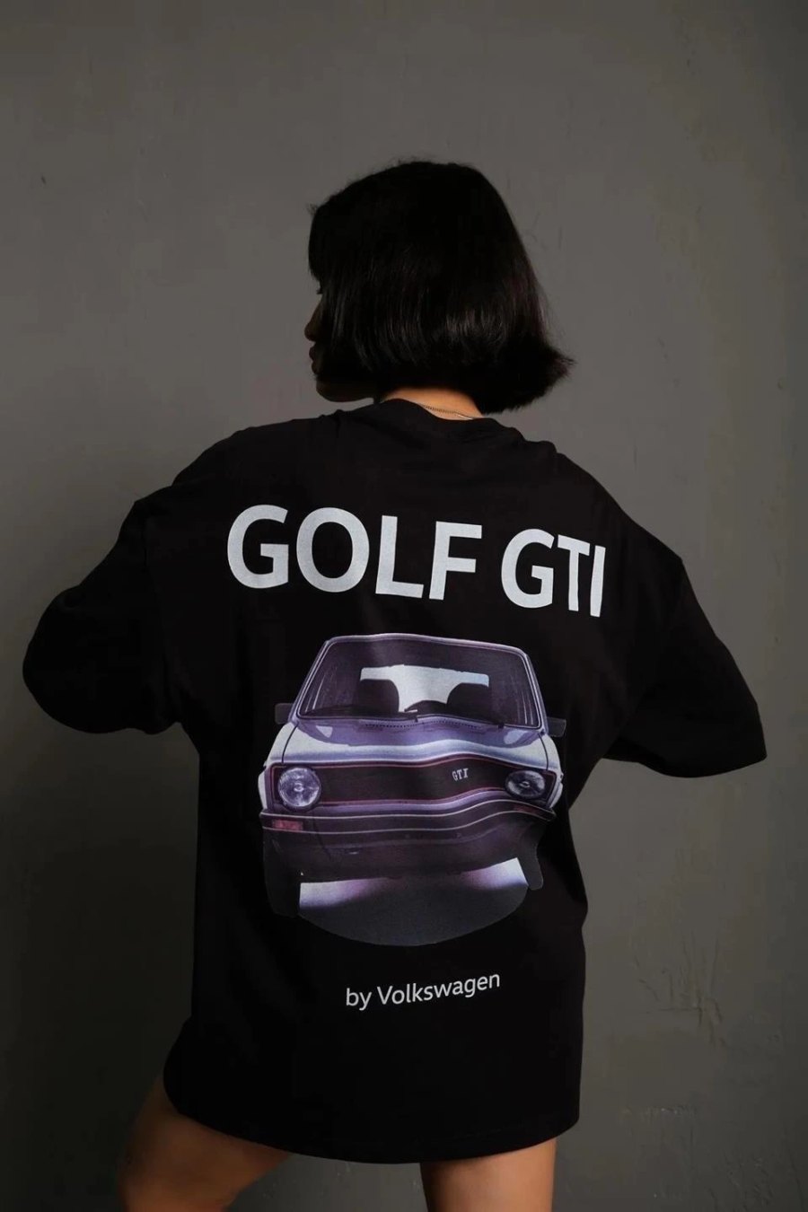Kadın Oversize Tişört Golf GTI Retro Araba Baskılı T-shirt - Siyah