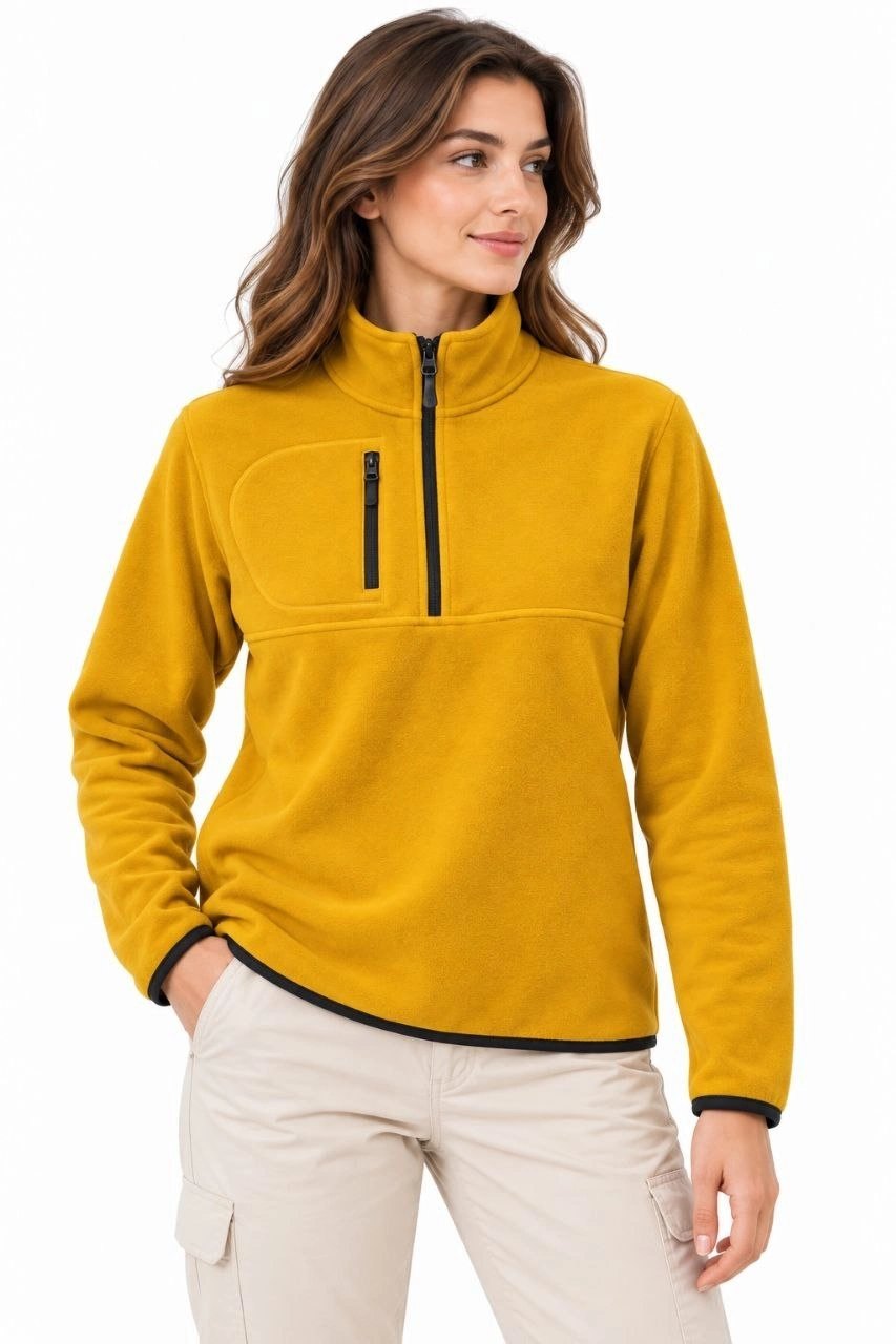 Kadın Polar Dik Yaka Yarım Fermuarlı Göğüs Cepli Regular Fit Kışlık Sweatshirt - Hardal Sarısı