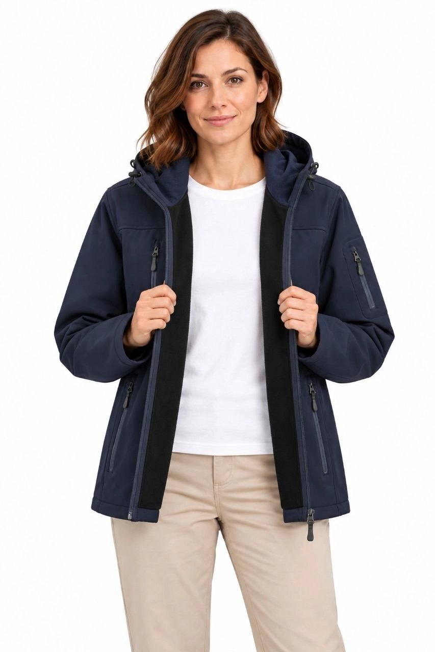 Kadın Su Geçirmez Softshell İçi Polar Astarlı Çıkarılabilir Kapüşonlu 4 Cepli Mont Ceket - Lacivert
