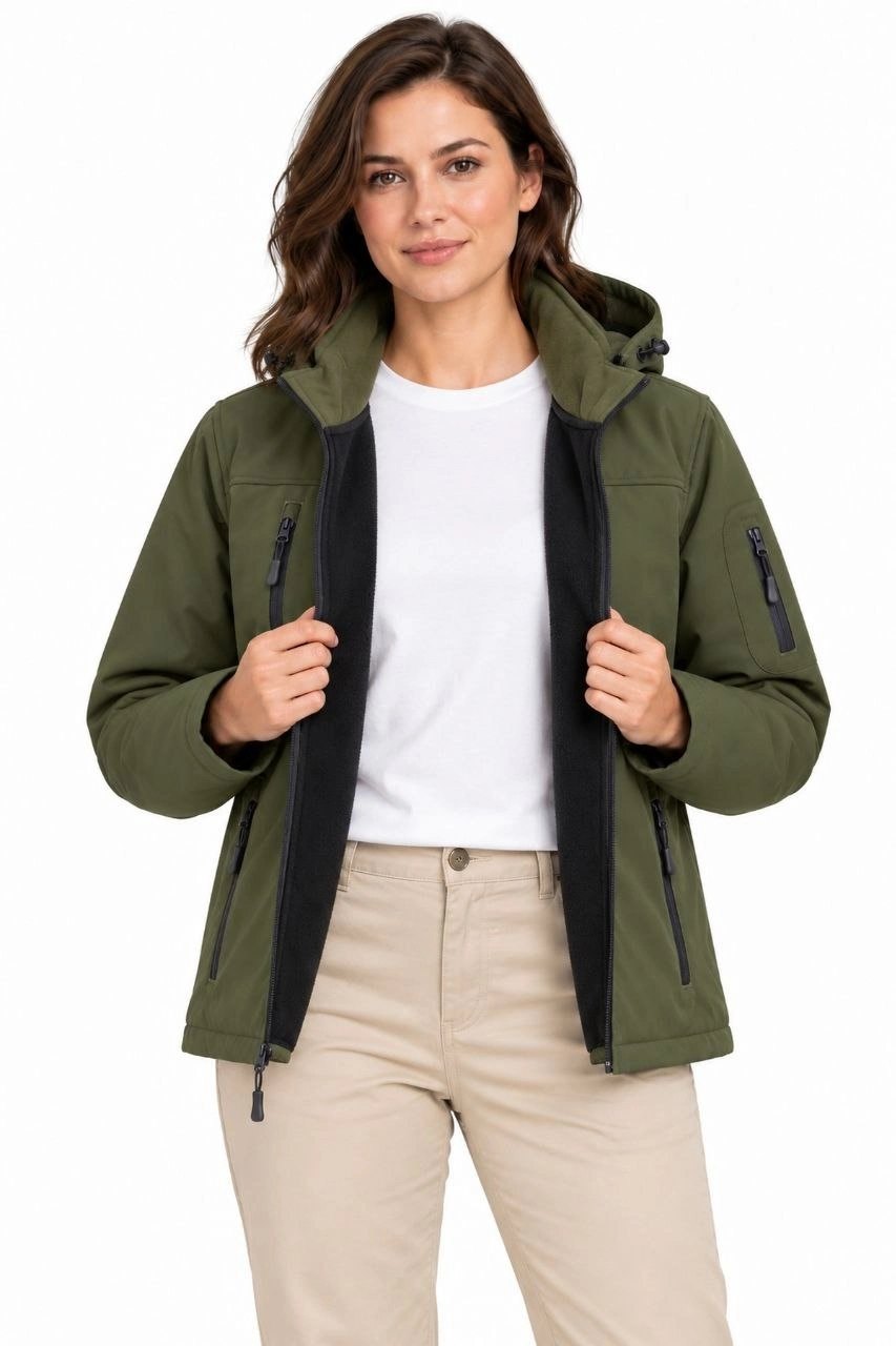 Kadın Su Geçirmez Softshell İçi Polar Astarlı Çıkarılabilir Kapüşonlu 4 Cepli Mont Ceket - Haki