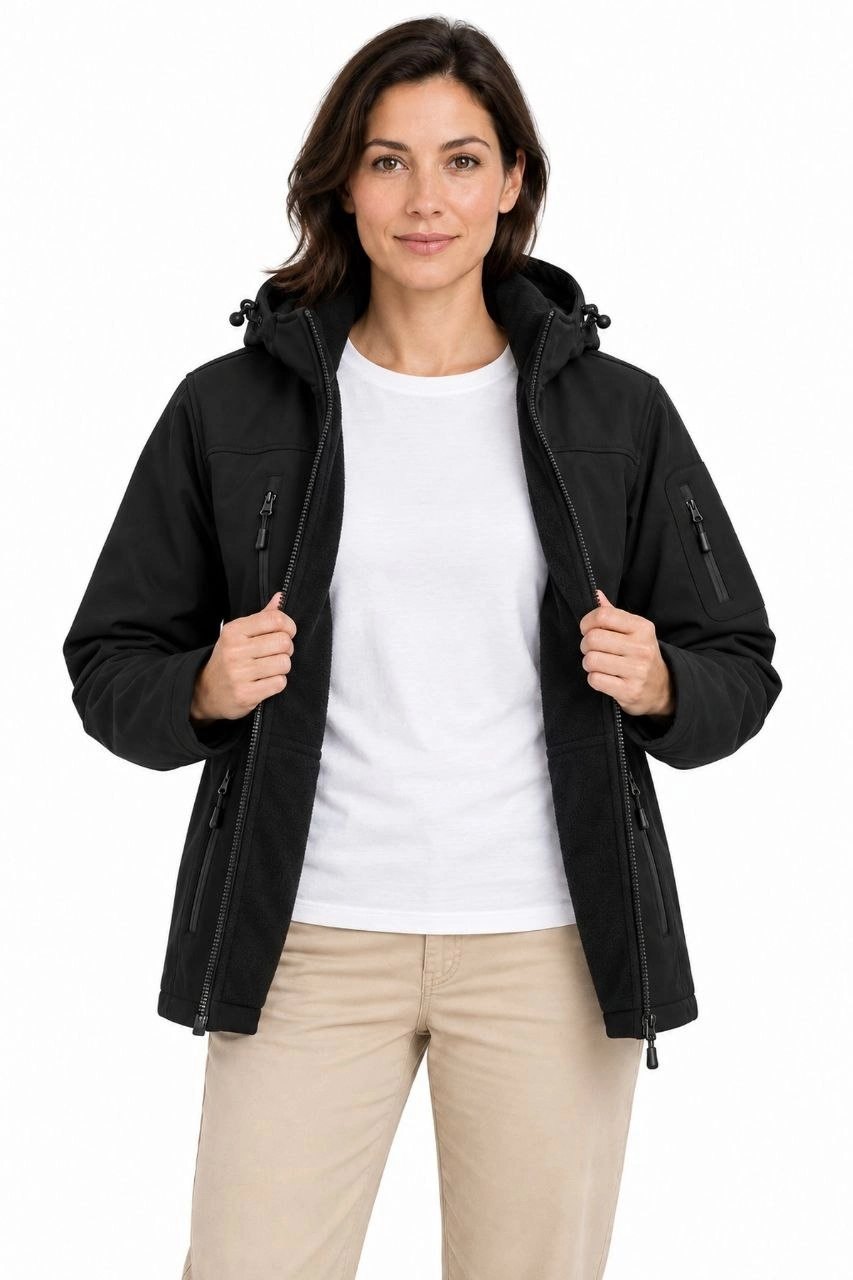 Kadın Su Geçirmez Softshell İçi Polar Astarlı Çıkarılabilir Kapüşonlu 4 Cepli Mont Ceket - Siyah