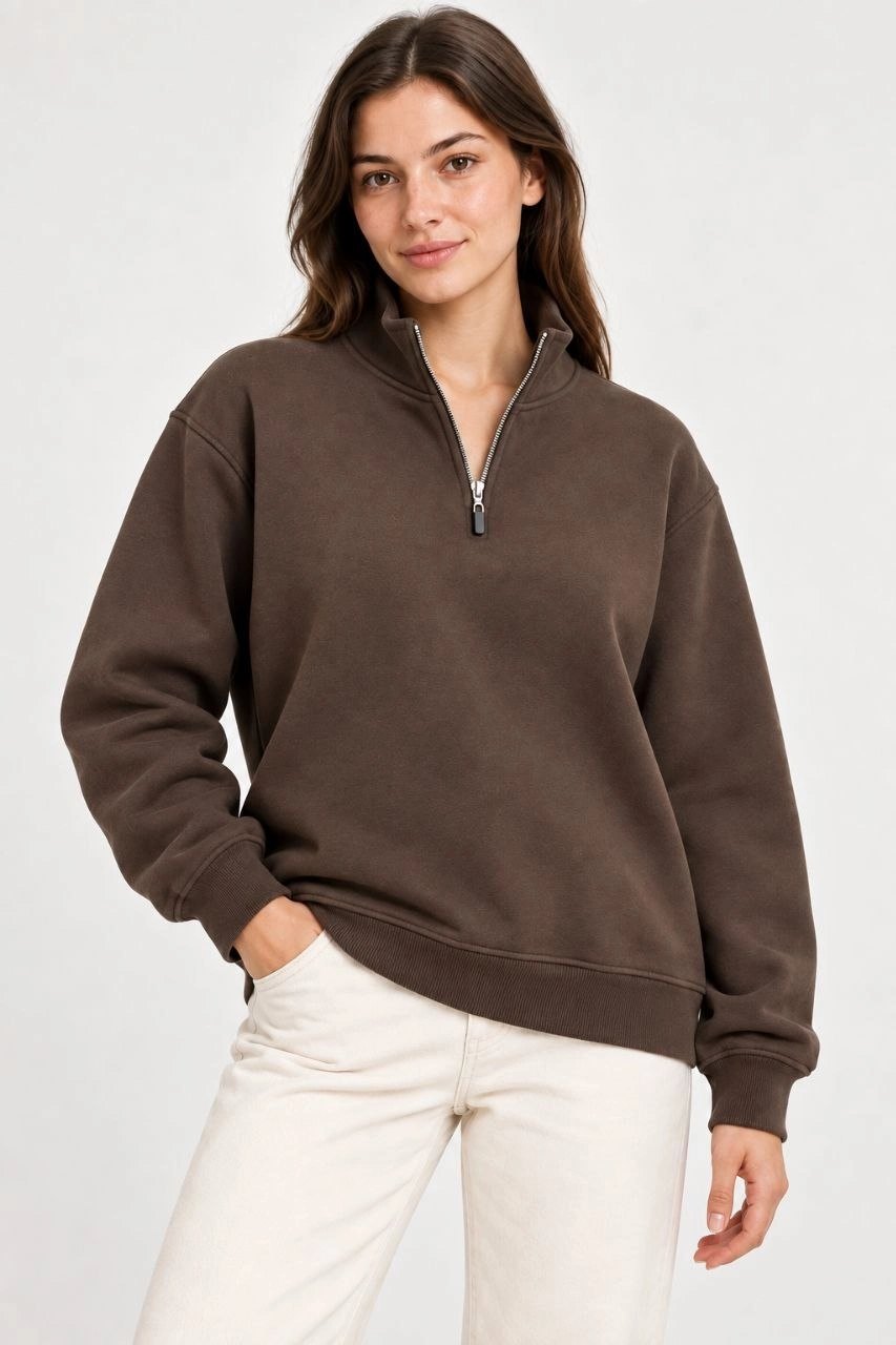 Kadın Üç İplik İçi Şardonlu Dik Yaka Yarım Fermuarlı Kışlık Sweatshirt - Kahverengi