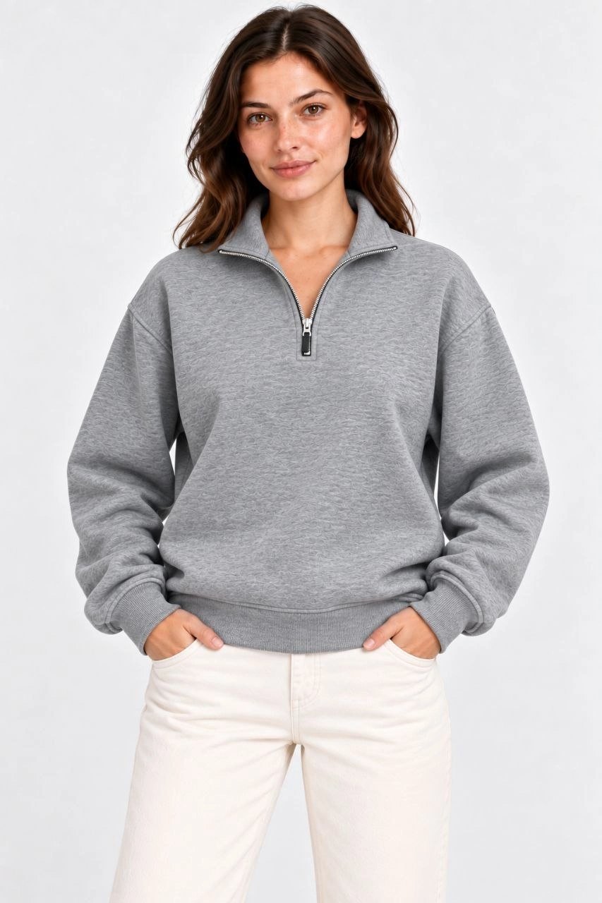 Kadın Üç İplik İçi Şardonlu Dik Yaka Yarım Fermuarlı Kışlık Sweatshirt - Grİ