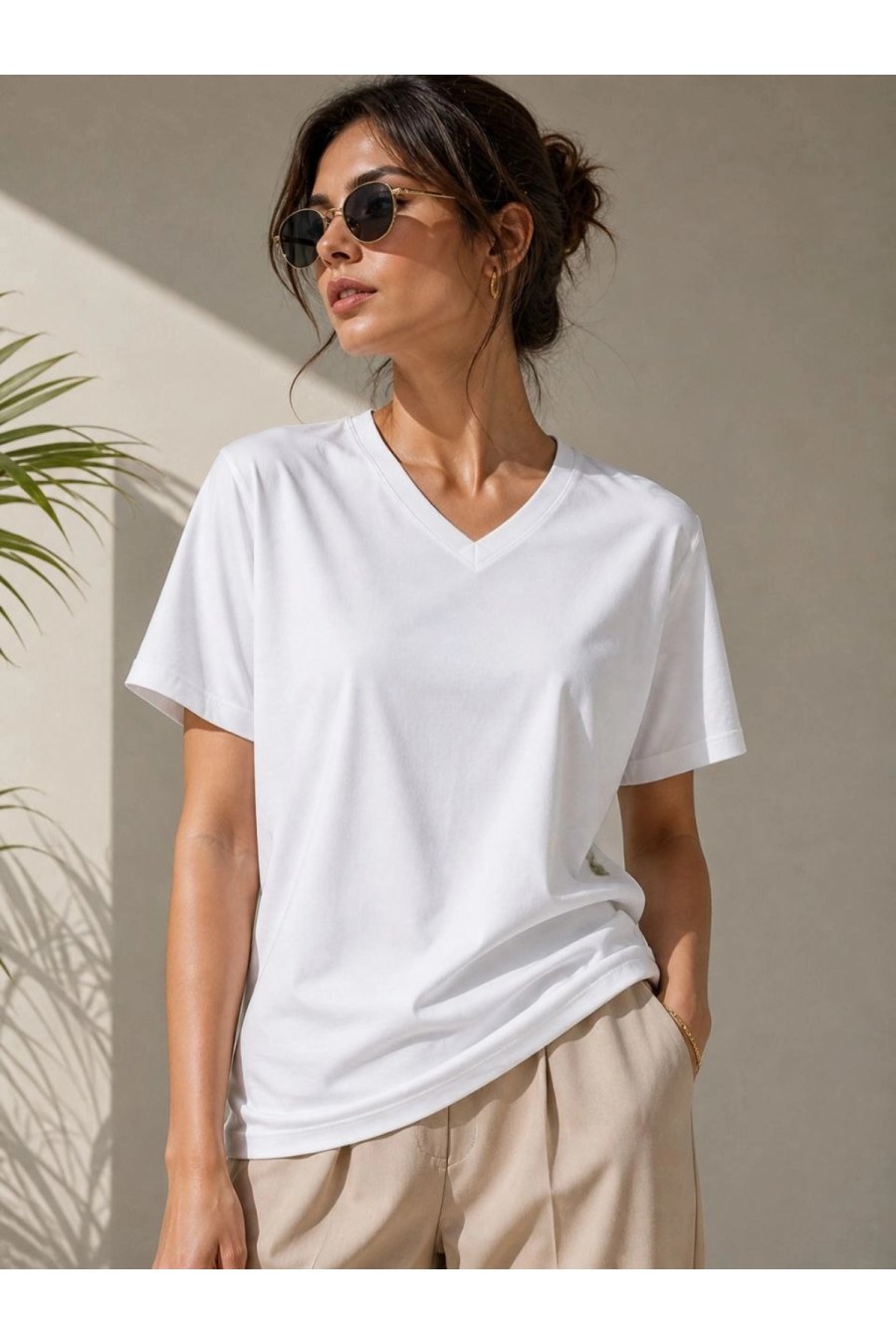 Kadın V Yaka Basic Tişört Kısa Kol Yazlık Regular Fit T-Shirt - Beyaz