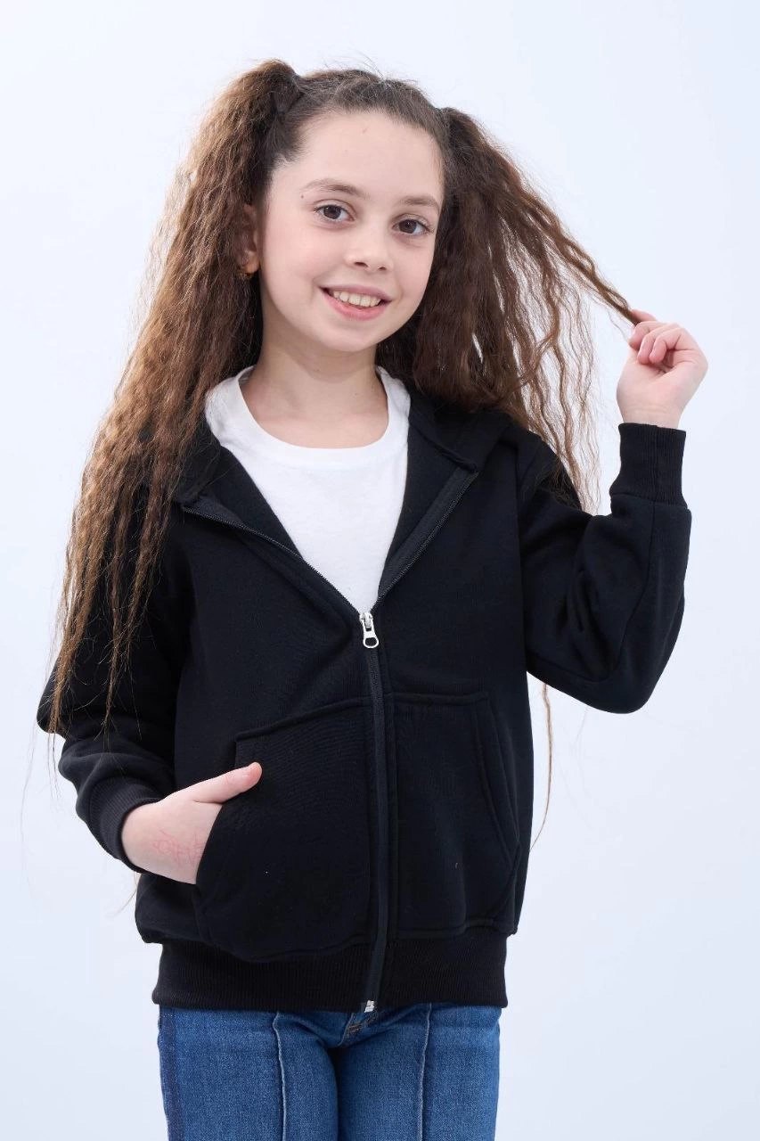 Kız Çocuk Kapüşonlu Kanguru Cepli Tam Fermuarlı Hırka Sweatshirt - Siyah