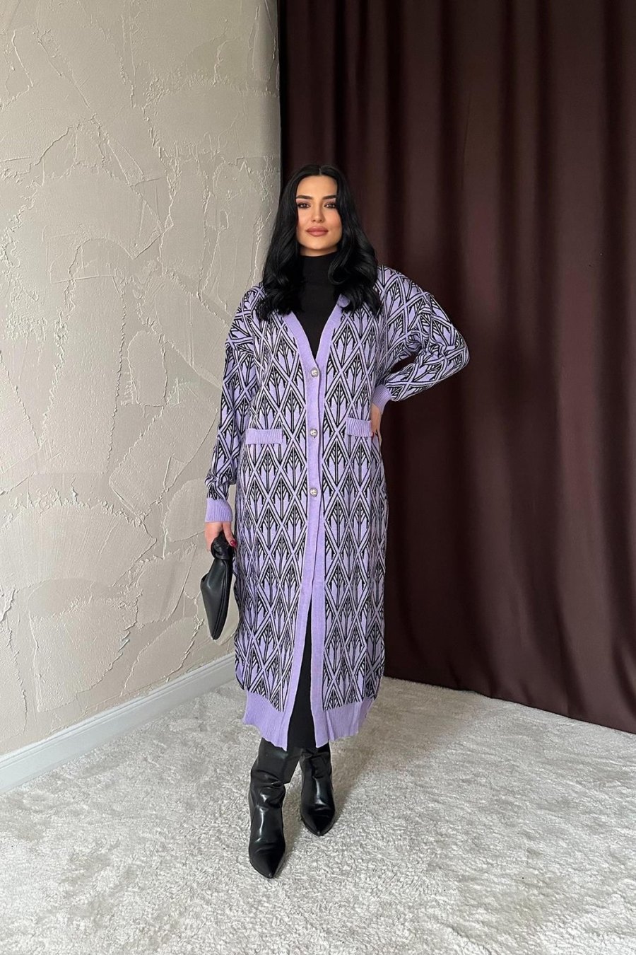 Lila Düğmeli Triko Hırka - Yeni Sezon